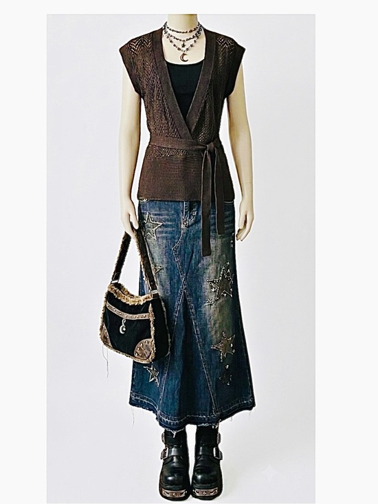 Mexx Tops - VTG Mexx Y2K Open Chevron Mesh Pointelle Knit Wrap Sweater Vest Top Brown Medium